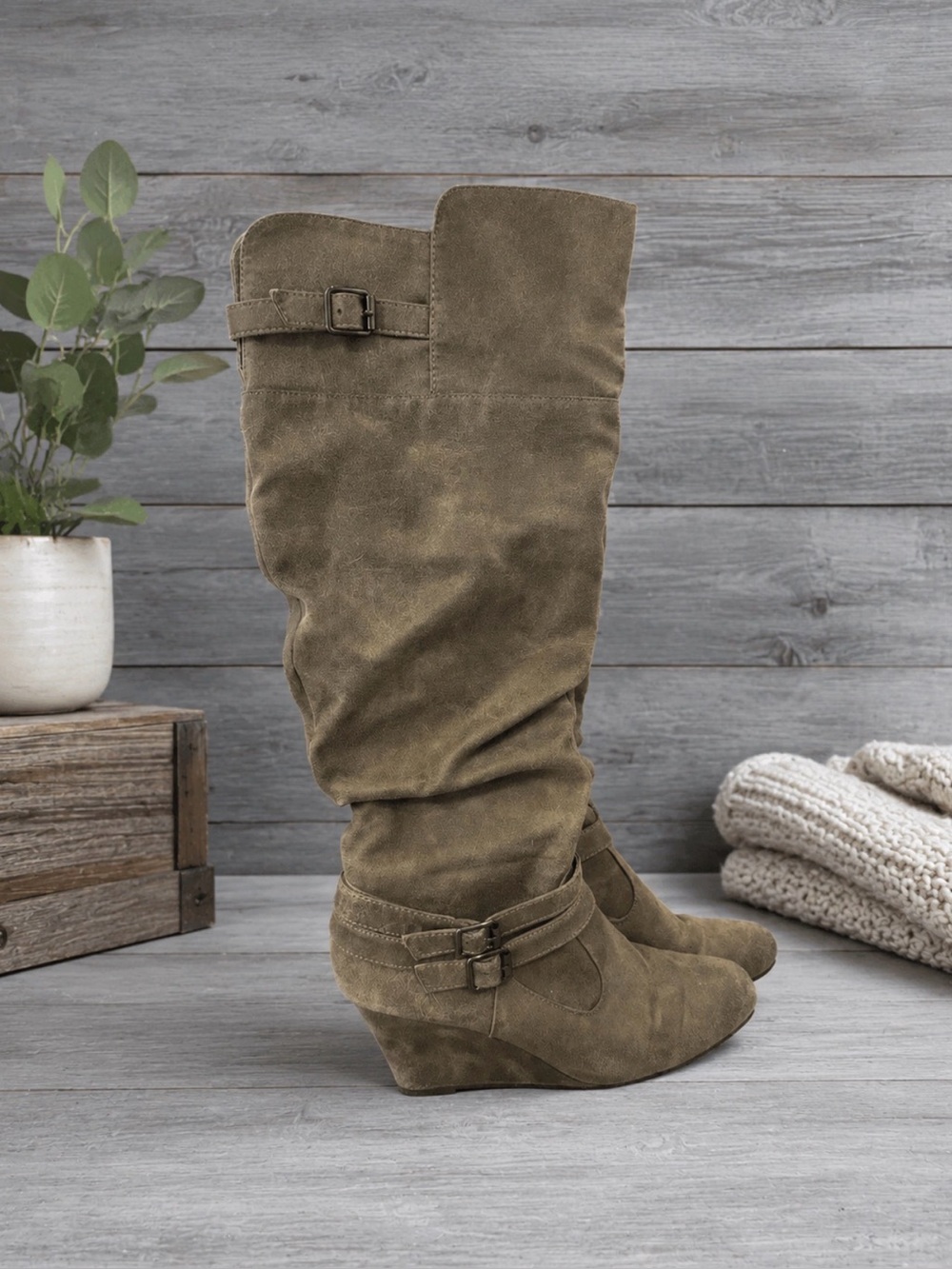 Tan suede knee high wedge boots with buckle detail | Size: 8